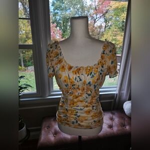 NWT, Anthropologie, Ruches, Floral Yellow, Cream and Green Top, Size M